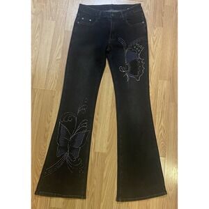 Romwe Women's Hippie Butterfly Embroidery Flared Jeans Medium 30x32.5